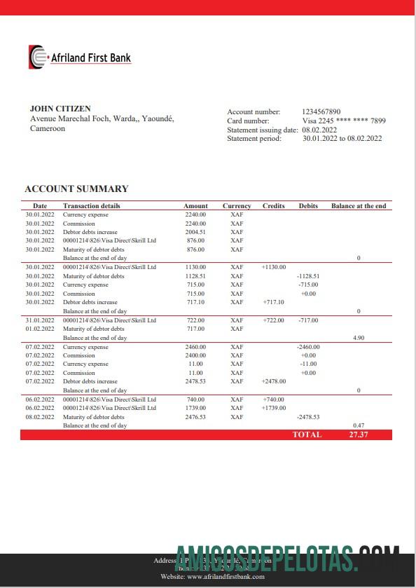em branco Camarões Afriland Primeiro extrato bancário modelo Word e PDF